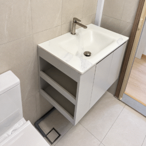BOAE custom-design grey basin cabinet with integrated basin and left-side open shelving, rendered side view